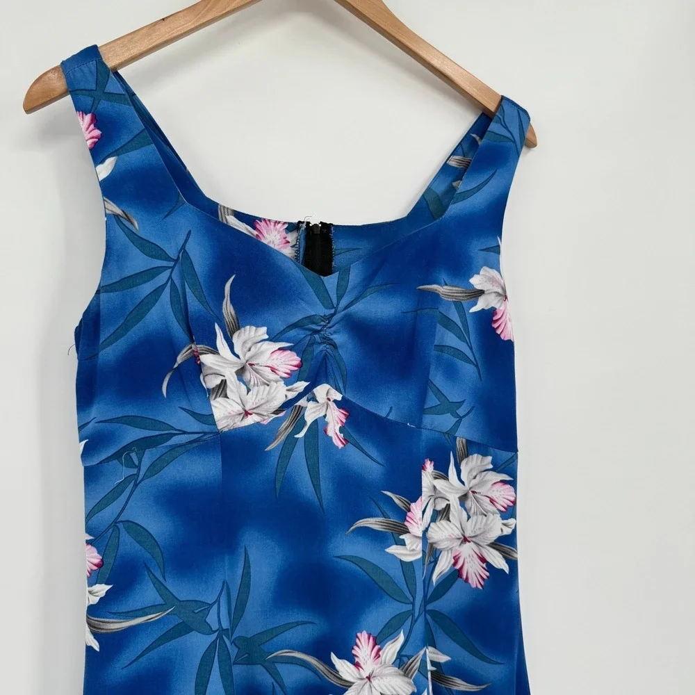 Two Palms Vtg Blue Midnight Orchid Floral Midi H-Strap Dress Women's M
